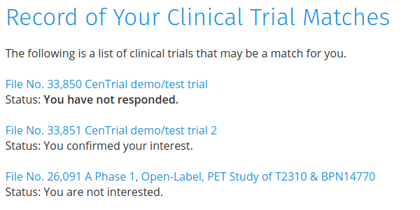 Screenshot of trial application status page